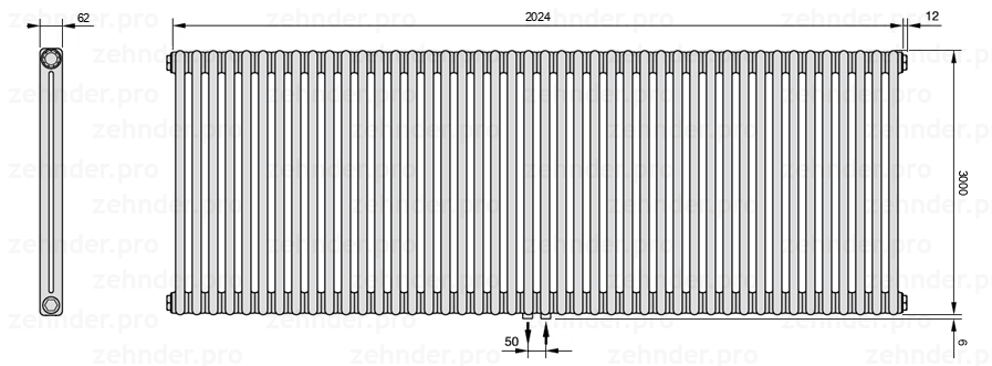 Схема (чертеж) Радиатор Zehnder Charleston 2300/44 №5410 Белый глянцевый RAL 9016